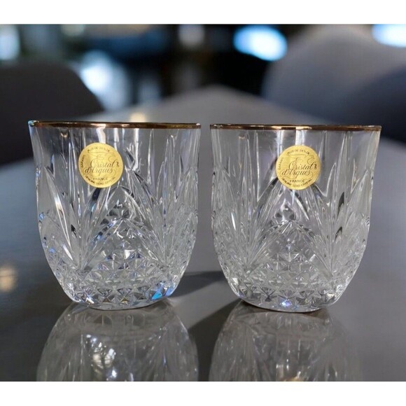 Cristal D'Arques Durand Longchamp Double Old Fashioned Glasses Gold Rim Set Of 2 - Picture 1 of 9